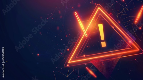 Neon Warning Sign with Exclamation Point on Abstract Background