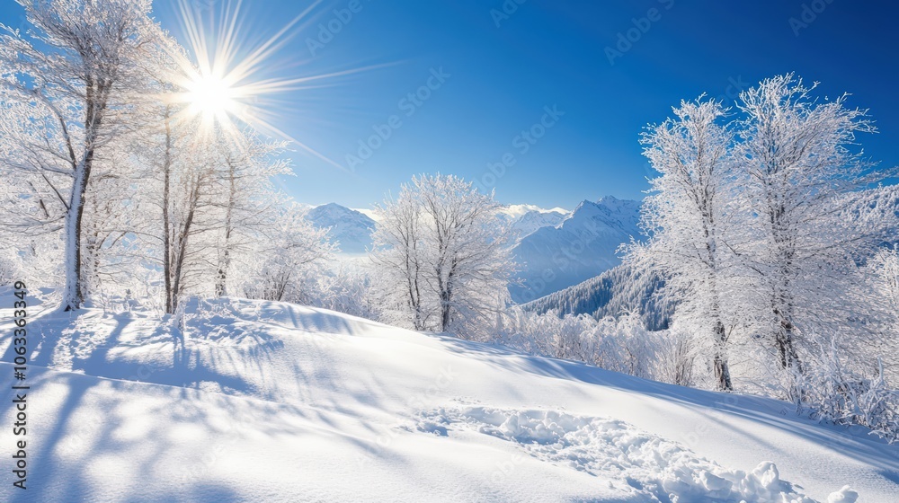 Snow-Covered Trees Against a Pristine Blue Sky, Sun Shining Brightly Over Mountains Snow-Covered Trees Against a Pristine Blue Sky, Sun Shining Brightly Over Mountains