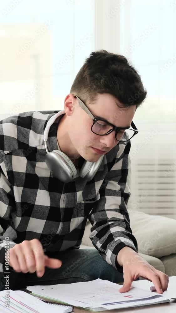 Excited young adult Caucasian man counting stack of money, sitting at desk at home living room. Concept of a wealth and profit. Vertical video. Excited young adult Caucasian man counting stack of money, sitting at desk at home living room. Concept of a wealth and profit. Vertical video.