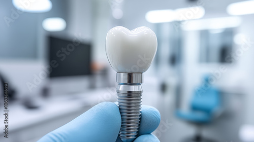 Dentist's hand holding dental implant. Dentist office in background. Shallow depth of field.