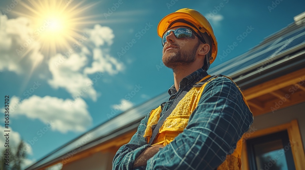 Obraz premium A worker stands on-site wearing safety gear, looking up at the sun while overseeing the installation of solar panels on a new home, enjoying the bright weather.
