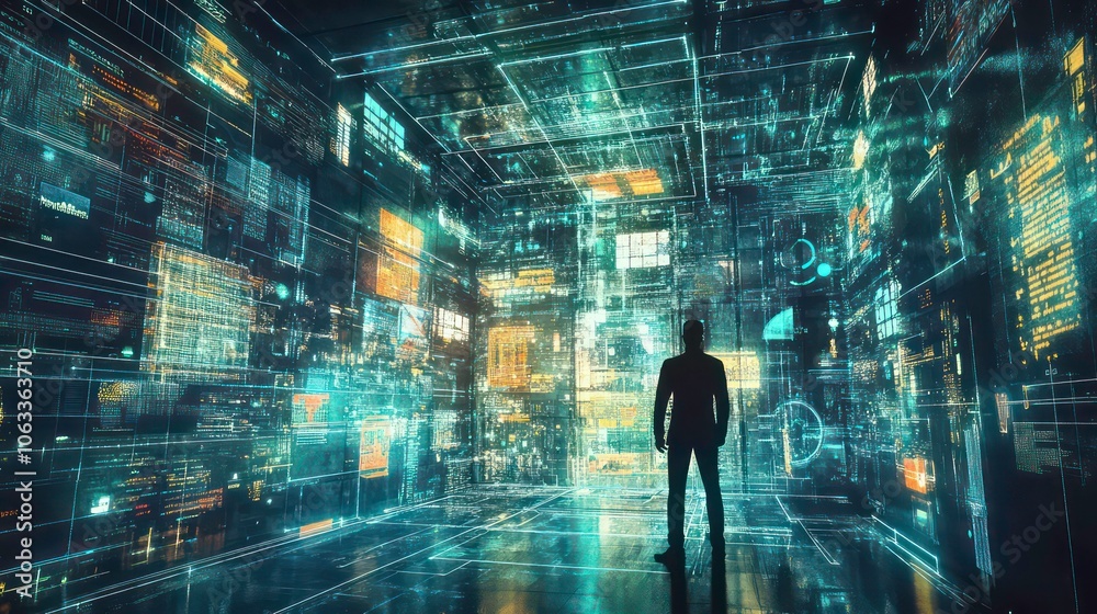 A silhouette stands in a digital environment filled with data and holographic displays. A silhouette stands in a digital environment filled with data and holographic displays.