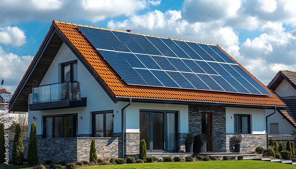 Fototapeta premium A residential rooftop transformation with a solar panel installation by an engineer, emphasis on sustainable living, vibrant neighborhood setting, clear day with fluffy clouds