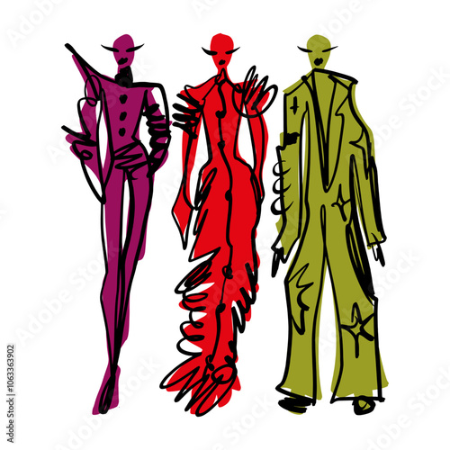 Podium modern abstract women people ink brush color fashion week design clothing sketch. Fashionable models hand drawn illustration, stylized inky brush silhouette isolated on white background clipart