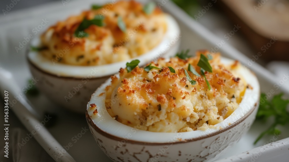 Gourmet stuffed eggs with breadcrumb topping for appetizers or brunch delights Gourmet stuffed eggs with breadcrumb topping for appetizers or brunch delights