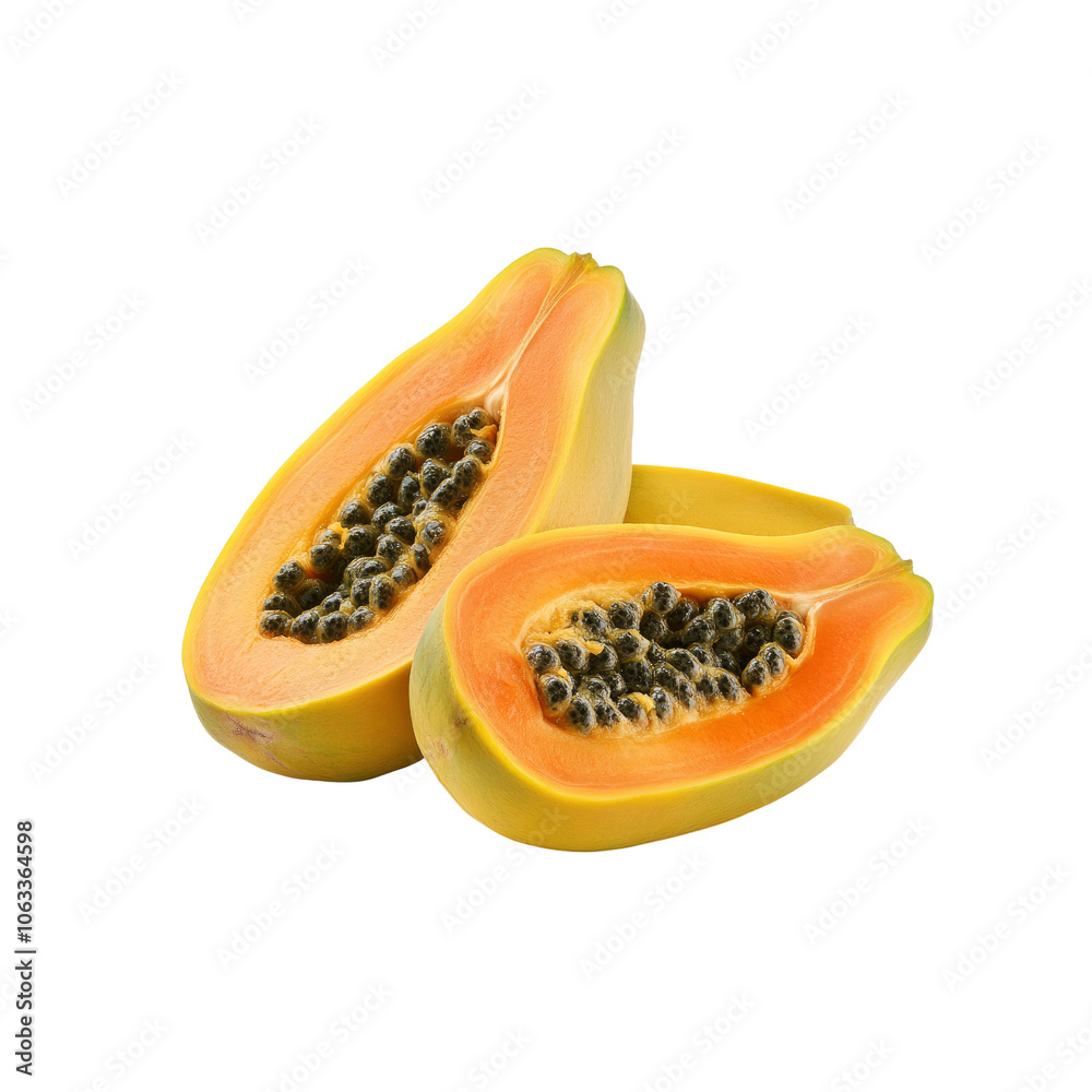 Fresh Ripe Papaya Halves Isolated on White Background Fresh Ripe Papaya Halves Isolated on White Background