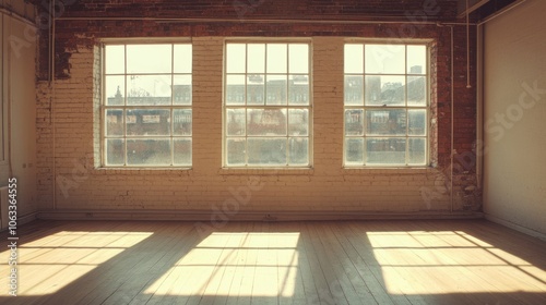 Bare office room with three windows and sunlight flooding in, filling the space with warmth and light