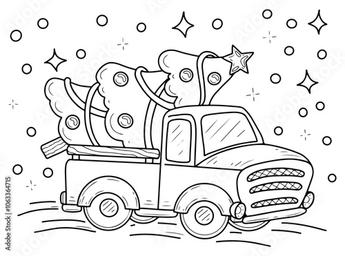 Coloring book Christmas truck hand drawn. The car carries tree decorated with balls, garlands. Celebration of winter event. Vector outline art illustration. Coloring page for children and adults.