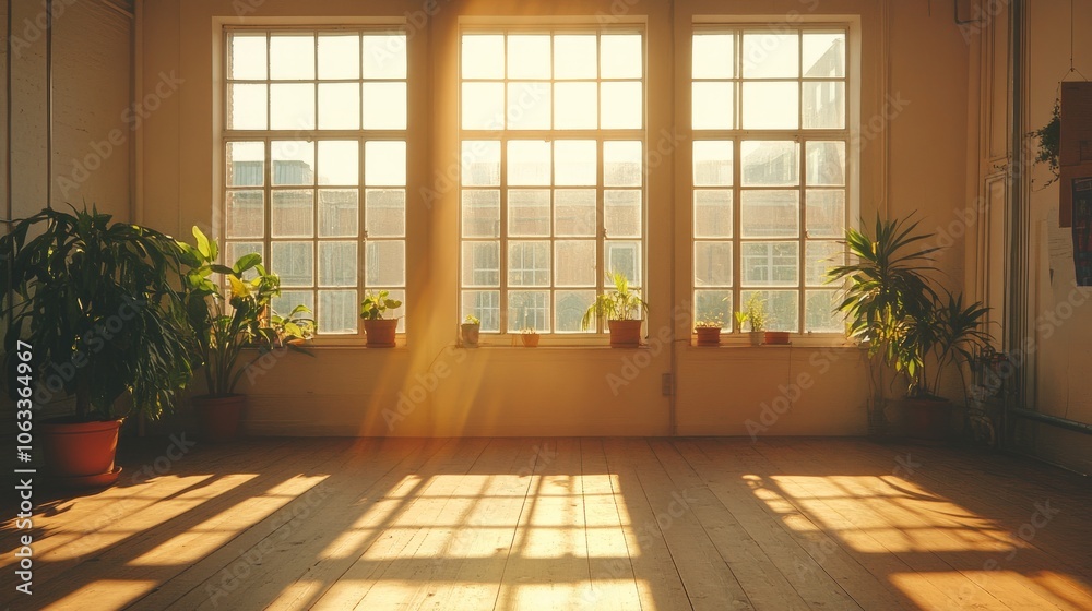 Empty office with three tall windows, sunlight casting warm beams across the floor, creating a serene, quiet space.