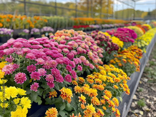 Vibrant row of mums in various colors, blooming beautifully in a raw, artistic style.