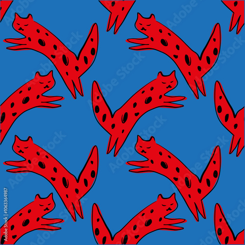 Boho red on blue panther cats cartoon leopards seamless pattern, asian kawaii Japanese style, cute animal hand drawn flat vector groovy pencil kids stylized illustration, adorable funny exotic animals
