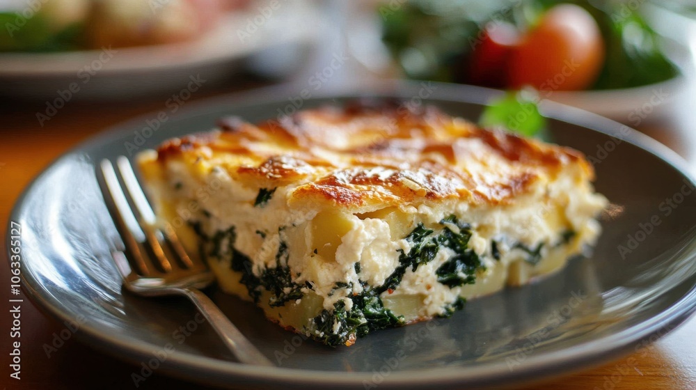Savory spinach and ricotta lasagna slice on plate with fresh salad in background