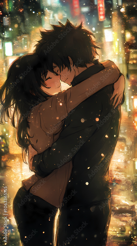 Romantic Anime Hug: Kawaii Couple with Cozy Lofi Vibes Romantic Anime Hug: Kawaii Couple with Cozy Lofi Vibes