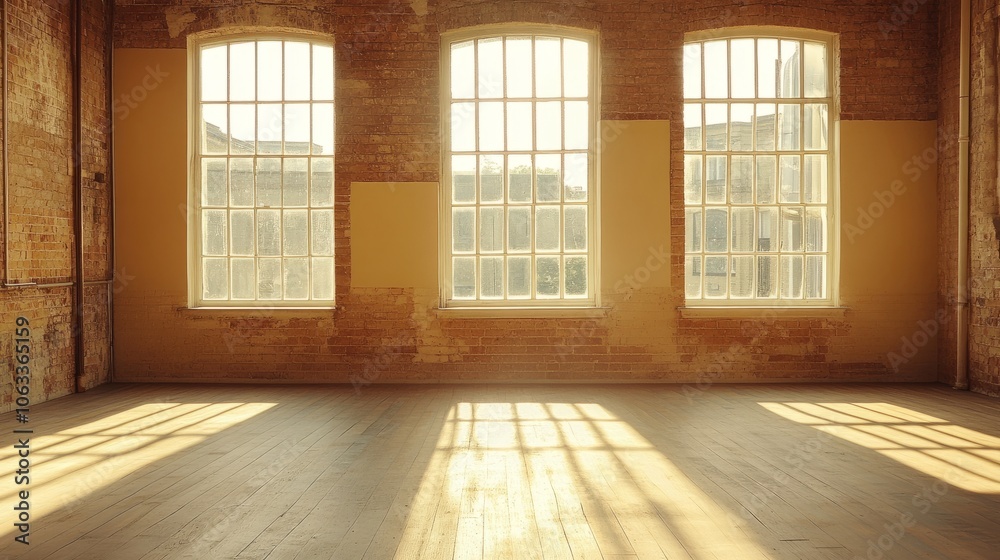 Empty workspace with three wide windows and warm sunlight streaming in, highlighting the simplicity of the space.