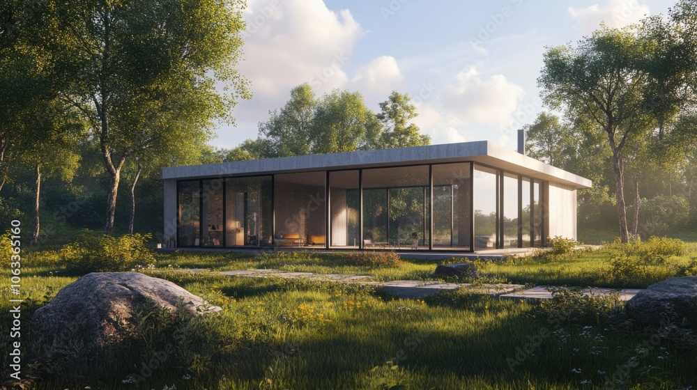 A minimalist, modern house with large windows, clean lines, A minimalist, modern house with large windows, clean lines,