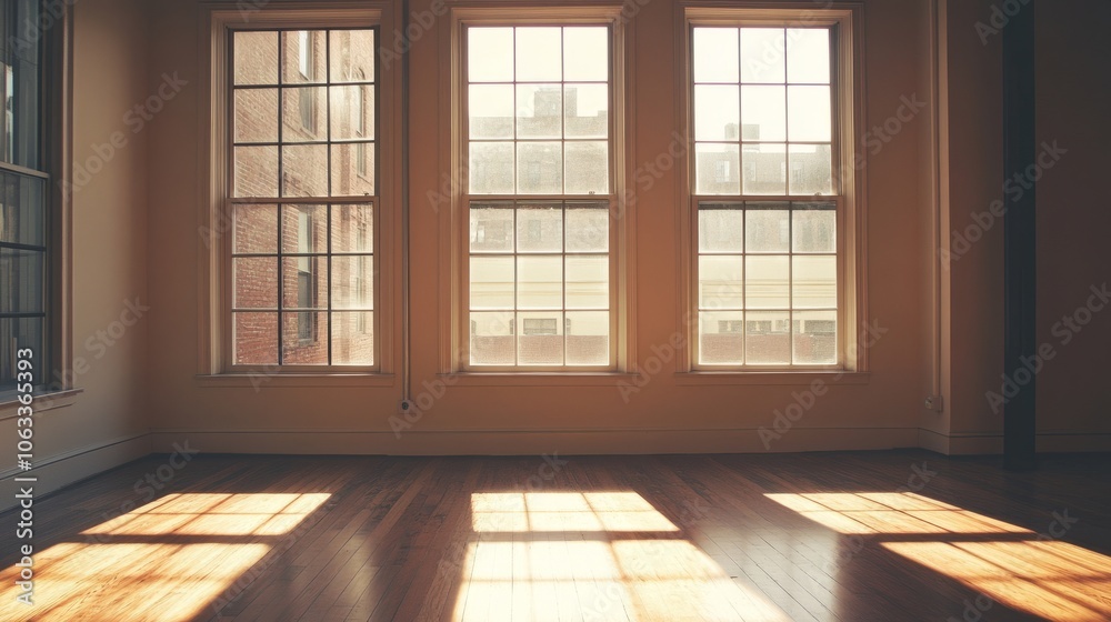 Minimalist office room with three tall windows, sunbeams streaming through and illuminating an open, airy space. Minimalist office room with three tall windows, sunbeams streaming through and illuminating an open, airy space.