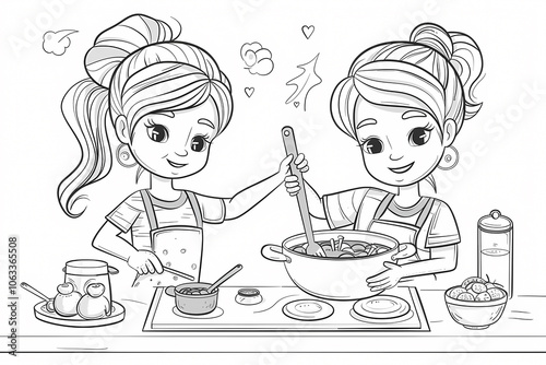 Two young girls, one with light skin and the other with medium skin, joyfully cooking together in a kitchen, creating delicious memories.