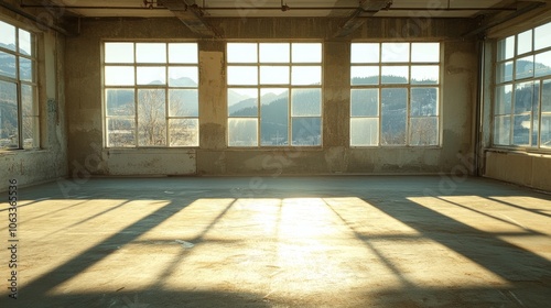 Open, empty office with three large windows and a gentle sunlight glow illuminating the bare floor.