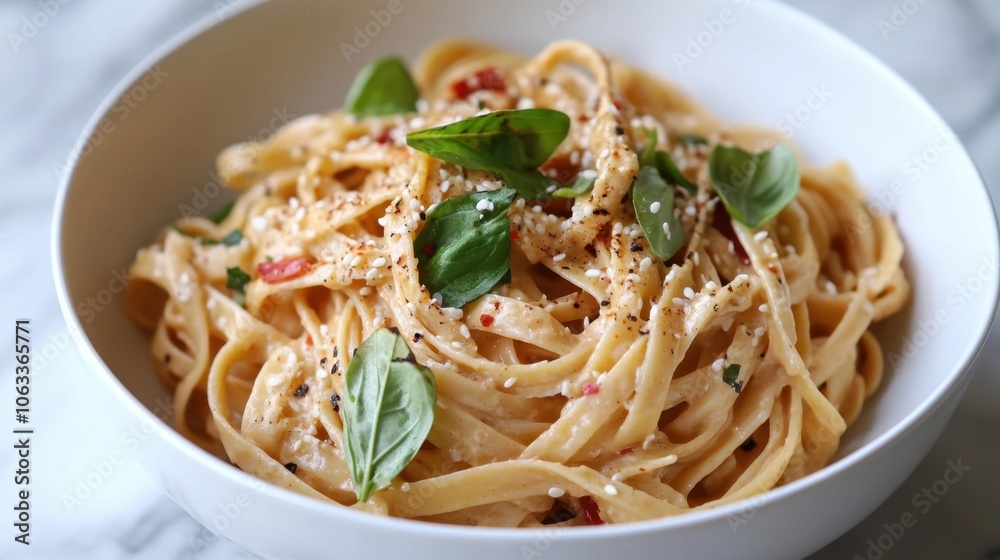 Delicious creamy pasta dish with fresh basil and sesame seeds Delicious creamy pasta dish with fresh basil and sesame seeds