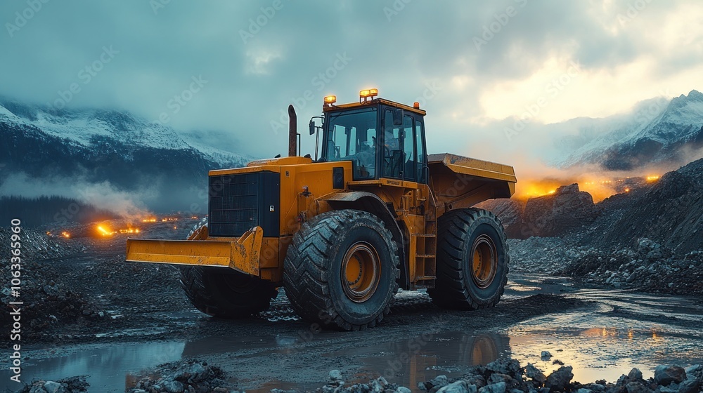 A yellow dump truck is parked on a dirt road in a quarry. The sun is setting in the background. A yellow dump truck is parked on a dirt road in a quarry. The sun is setting in the background.