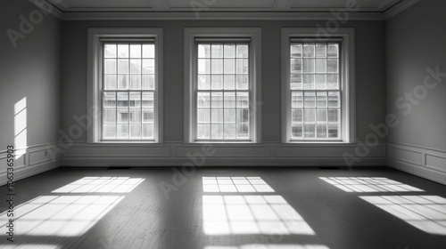 Serene, empty office room with three windows and sunlight filtering through, casting patterns of light and shadow