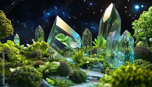 A tilted angle view of a vibrant fantasy world blending with sustainable ecodesigns photo