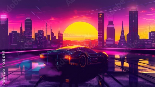 Retro Futuristic Cityscape with a Sports Car