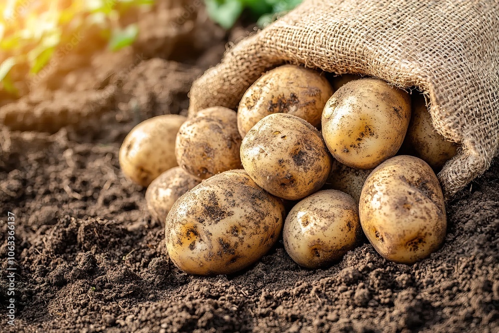 close-up pile of unwashed potatoes in burlap on soil, organic vegetables close-up pile of unwashed potatoes in burlap on soil, organic vegetables