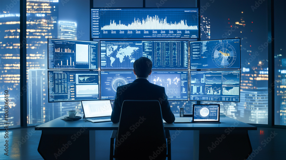 Analyst in Command Center with Data Monitors Analyst in Command Center with Data Monitors