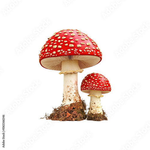 Two Red and White Toadstools with White Spots on a White Background photo