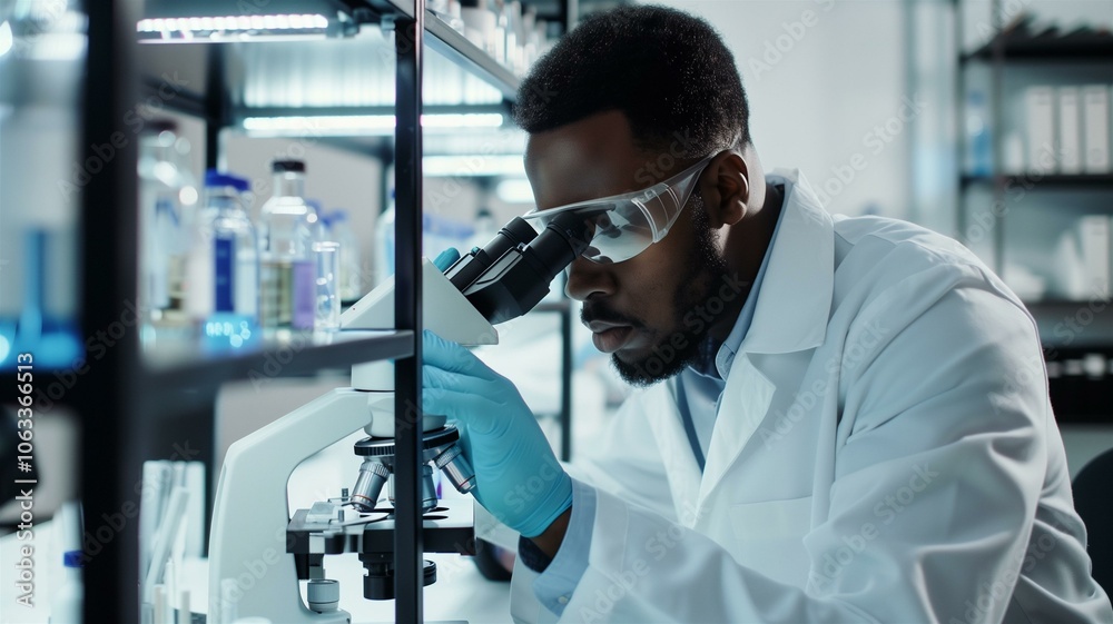 Scientist focusing intently while examining samples through a microscope in a modern lab
Scientist focusing intently while examining samples through a microscope in a modern lab