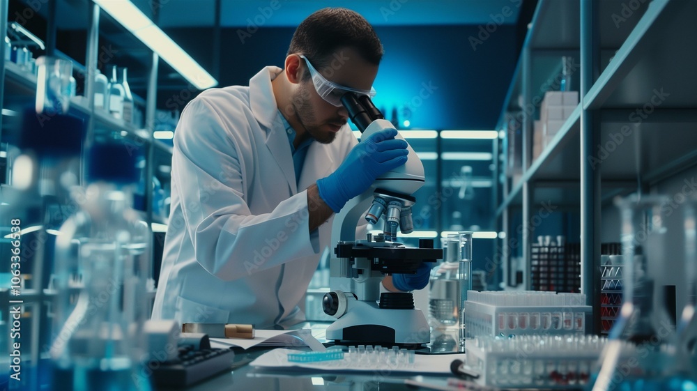 Scientist focusing intently while examining samples through a microscope in a modern lab
Scientist focusing intently while examining samples through a microscope in a modern lab