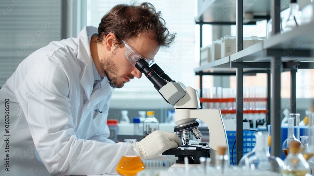 Scientist focusing intently while examining samples through a microscope in a modern lab
Scientist focusing intently while examining samples through a microscope in a modern lab