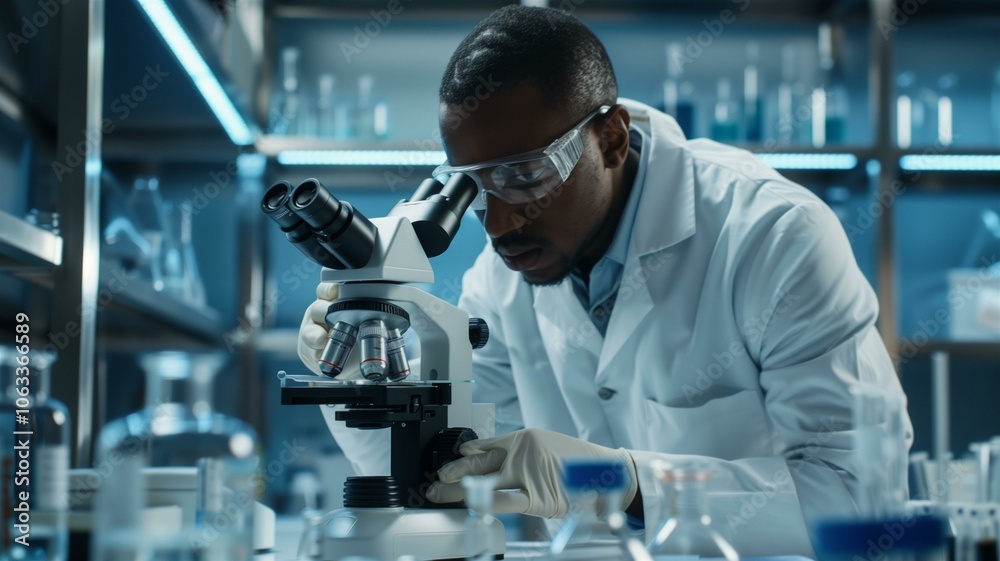 Scientist focusing intently while examining samples through a microscope in a modern lab
Scientist focusing intently while examining samples through a microscope in a modern lab