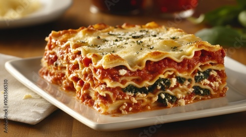 Delicious homemade lasagna with melted cheese and fresh herbs on a plate for italian cuisine lovers