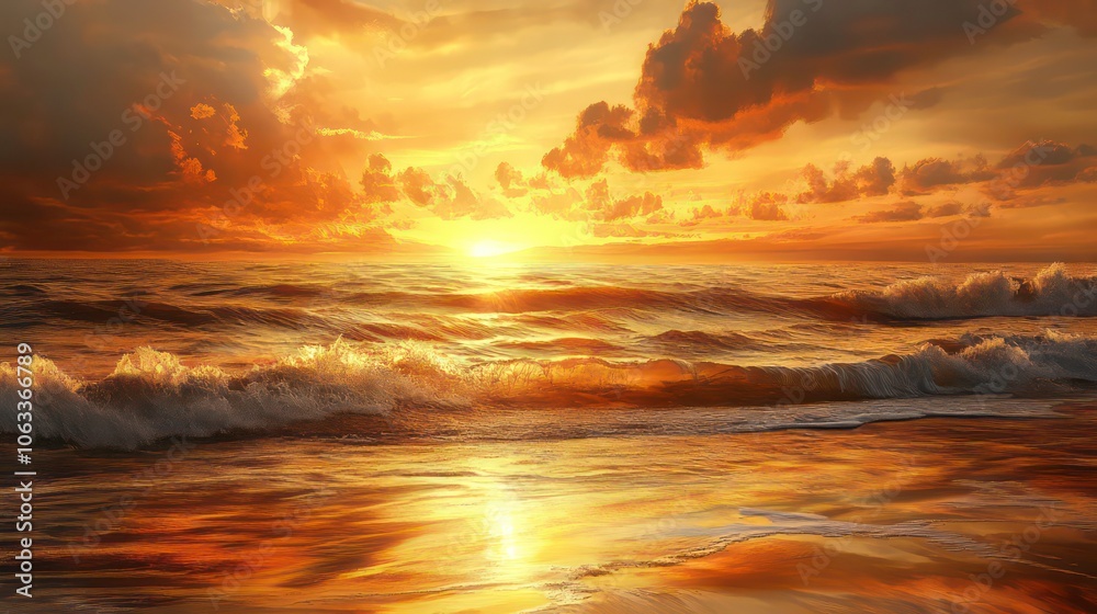 Obraz premium A serene sunset over the ocean, reflecting golden hues on the water's surface.