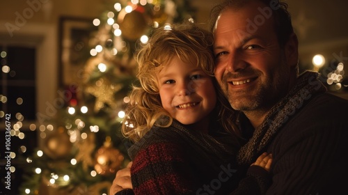 A father and his young son are smiling and hugging in front of a Christmas tree.