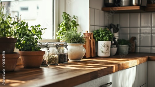 A modern kitchen counter made of polished wood,