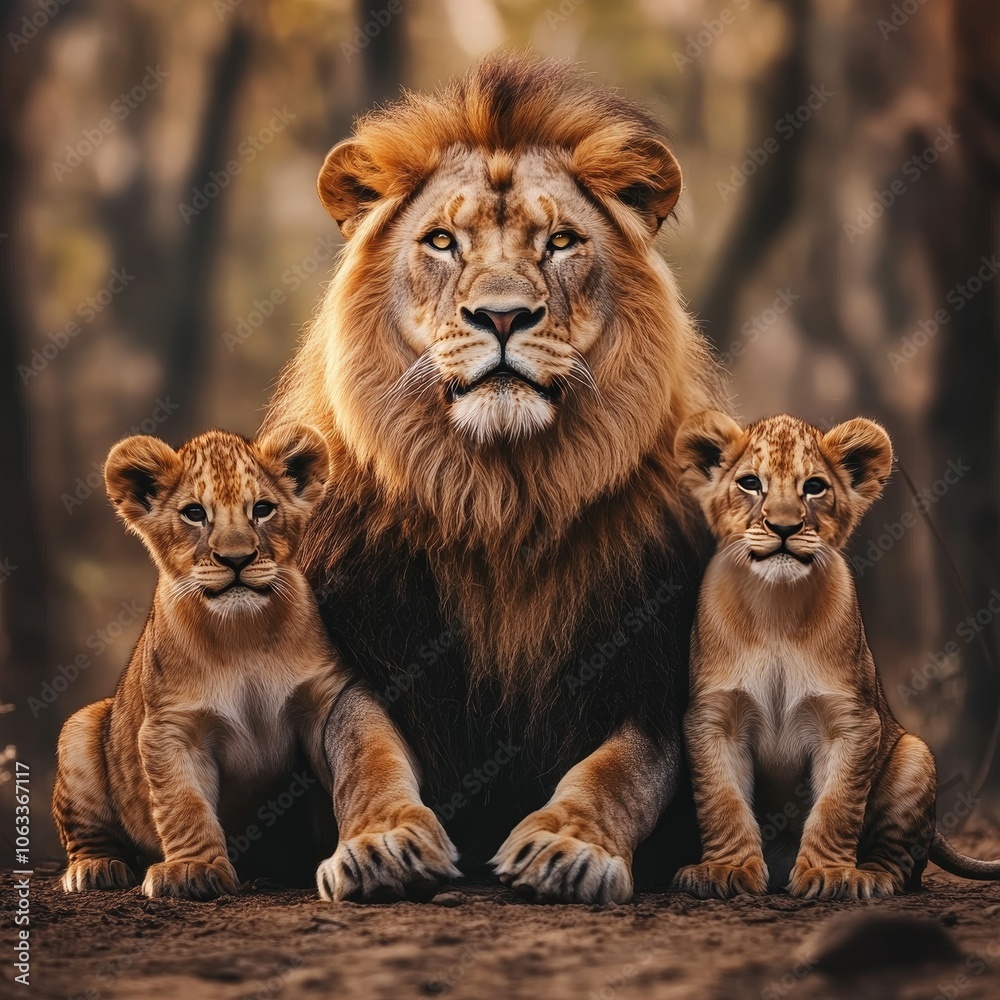 Fototapeta premium Majestic Lion Family Portrait Powerful Male, Protective with Adorable Cubs, Wildlife Scene