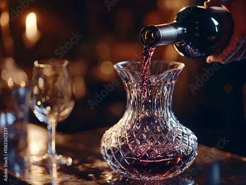 Sommelier s Skilled Hand Pouring Wine into Crystal Decanter Showcasing the Art of photo