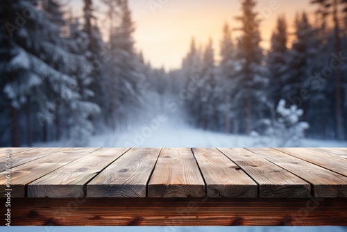 Selective focus of wooden countertop with blurred frosty winter snowy forest on sunset on backdrop for advertising products photo