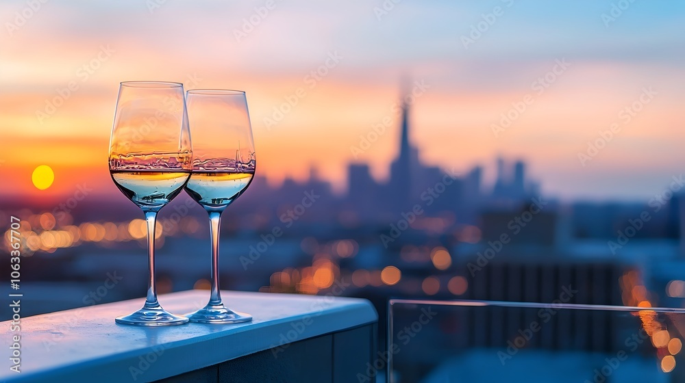 Obraz premium Wine Glasses on Balcony Ledge with Distant City Skyline at Sunset