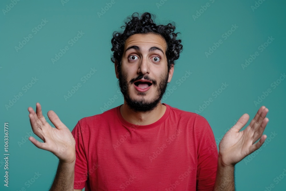 Naklejka premium A person with a shocked expression wearing a bright red shirt, ideal for humorous or playful images