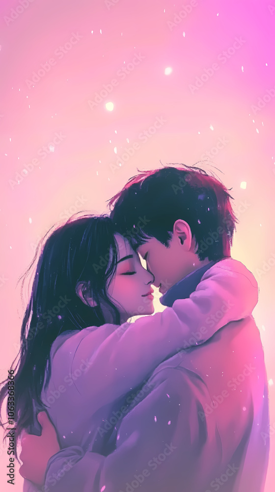 Valentines Romantic Hug in Anime Style: Kawaii Couple with Lofi Colors Valentines Romantic Hug in Anime Style: Kawaii Couple with Lofi Colors