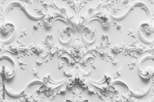 Ornate baroque floral embellishments on vintage white plaster ceiling