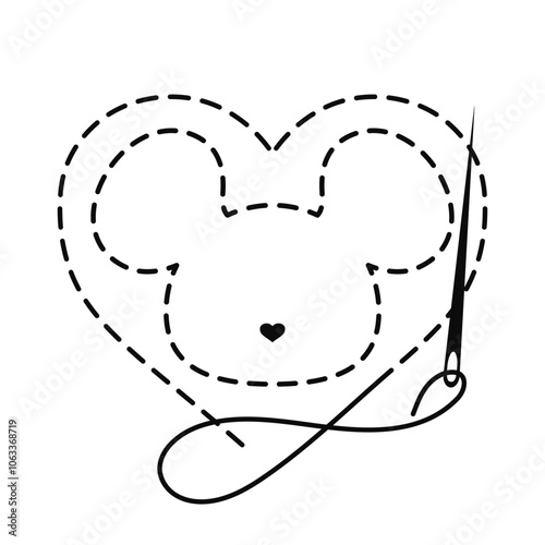 Silhouette of mouse head and heart with interrupted contour. Vector illustration of handmade work with embroidery thread and sewing needle on white background	