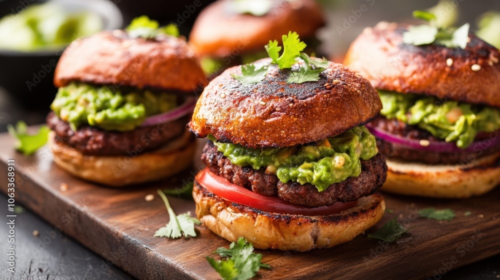 Gourmet guacamole burgers with fresh herbs and vegetables on wooden platter for culinary presentation
