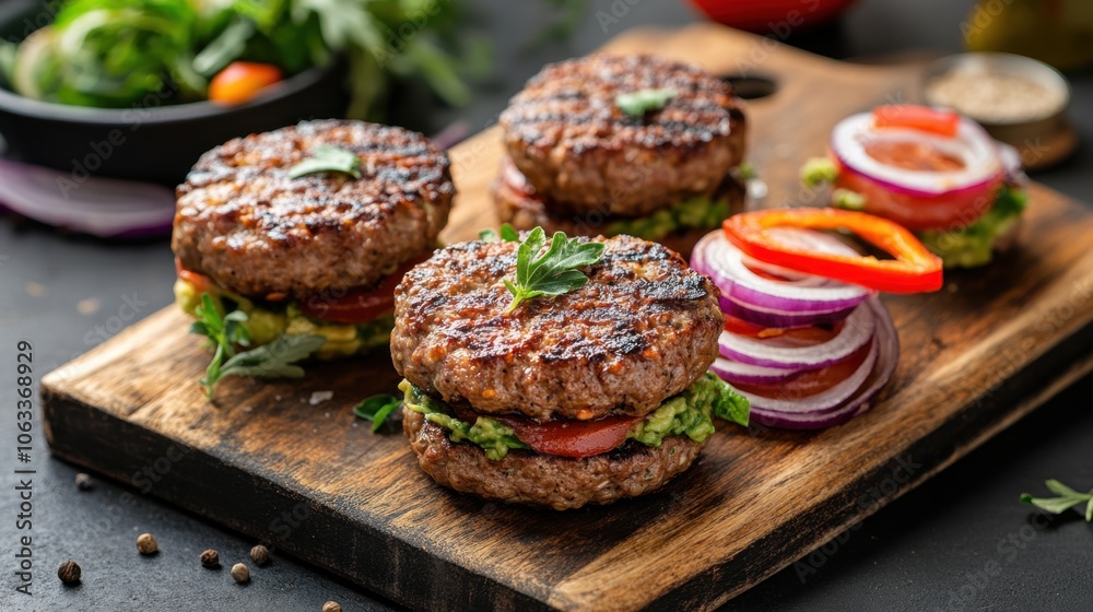 Delicious gourmet burgers with fresh vegetables on rustic wooden board Delicious gourmet burgers with fresh vegetables on rustic wooden board