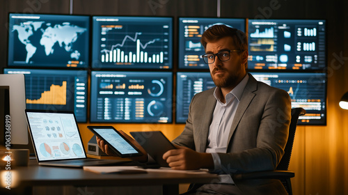 Analyst in Command Center with Data Monitors