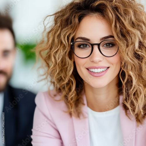 A smiling woman with curly hair and glasses in a professional setting.